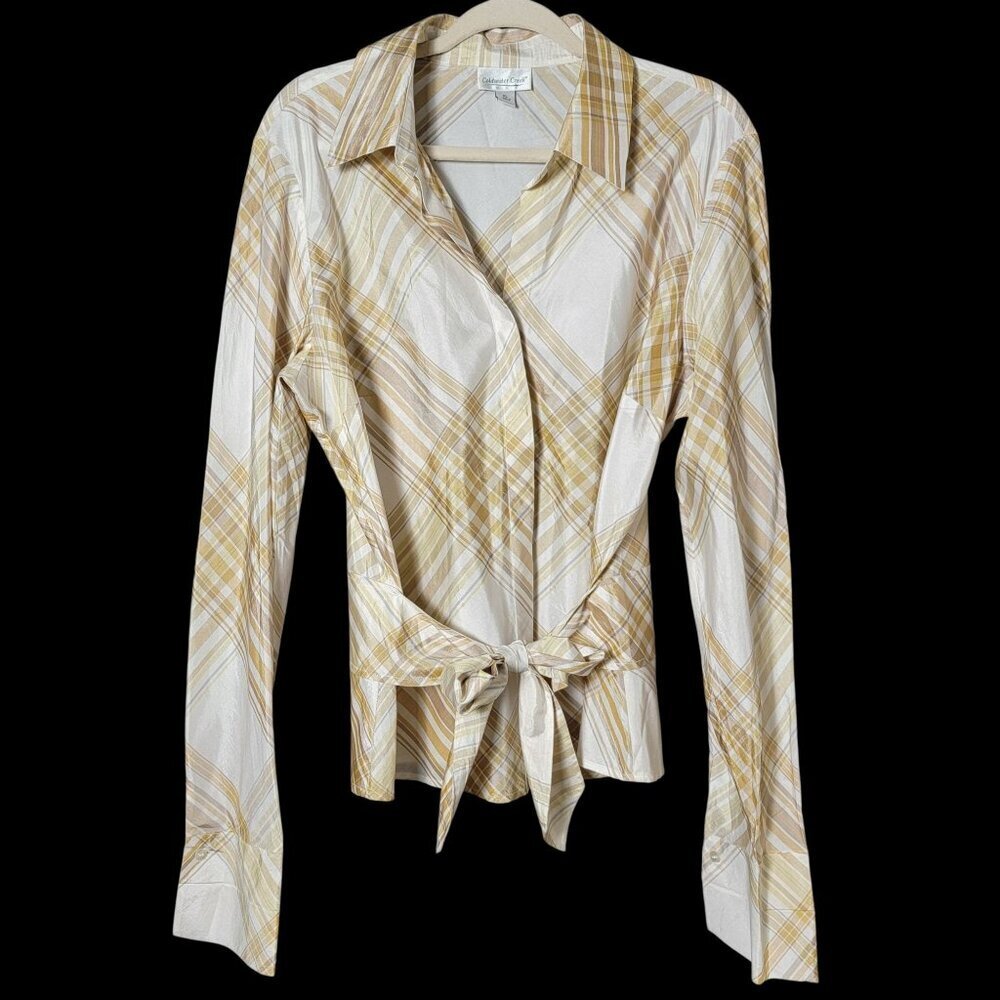 Coldwater Creek Womens Y2K Plaid Silk Blend Front Tie Button Up Work Top XL